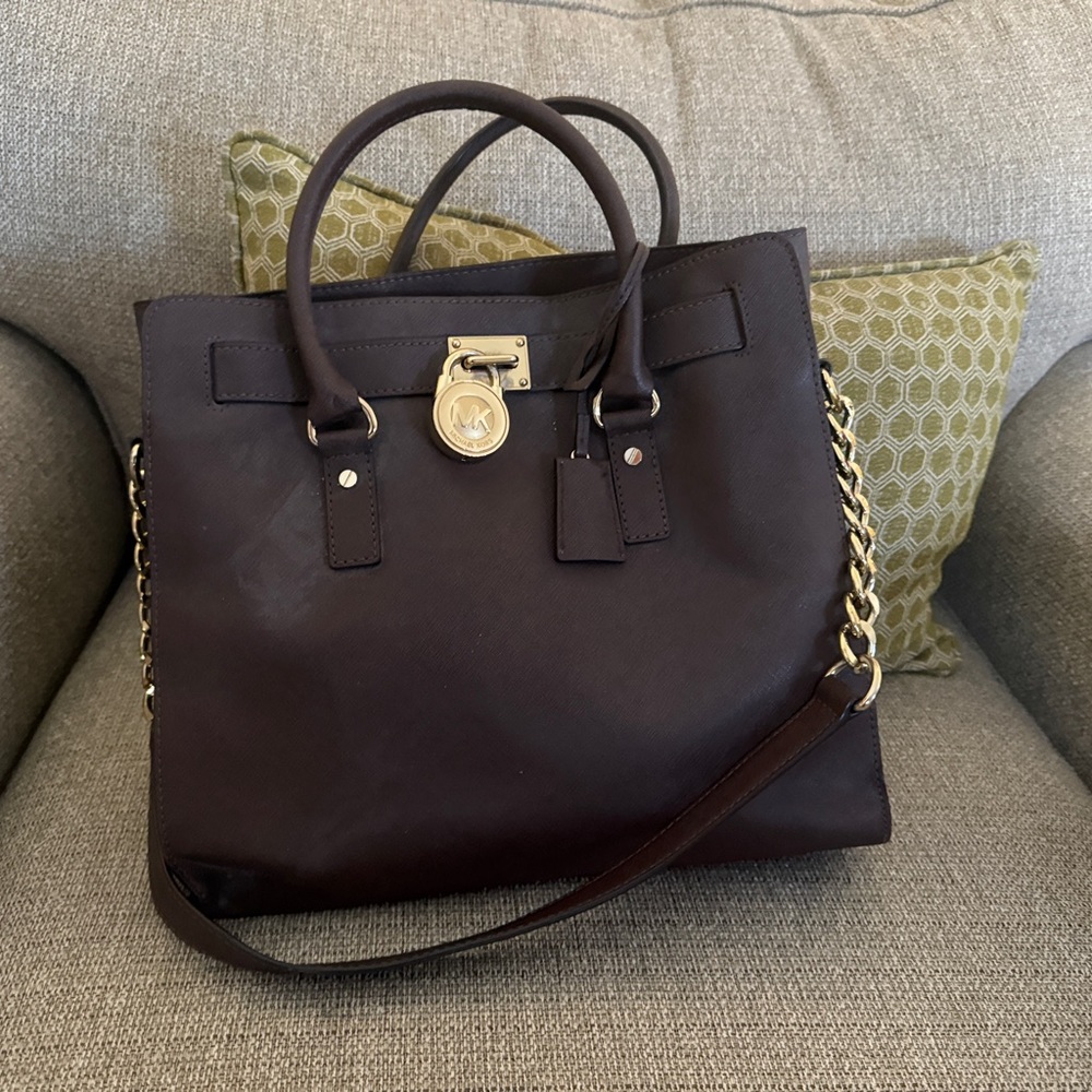 Michael Kors Brown and Gold Satchel with Structured Shape and Luxurious Leather